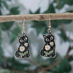 Black Cat Floral Enamel Dangle Drop Earrings